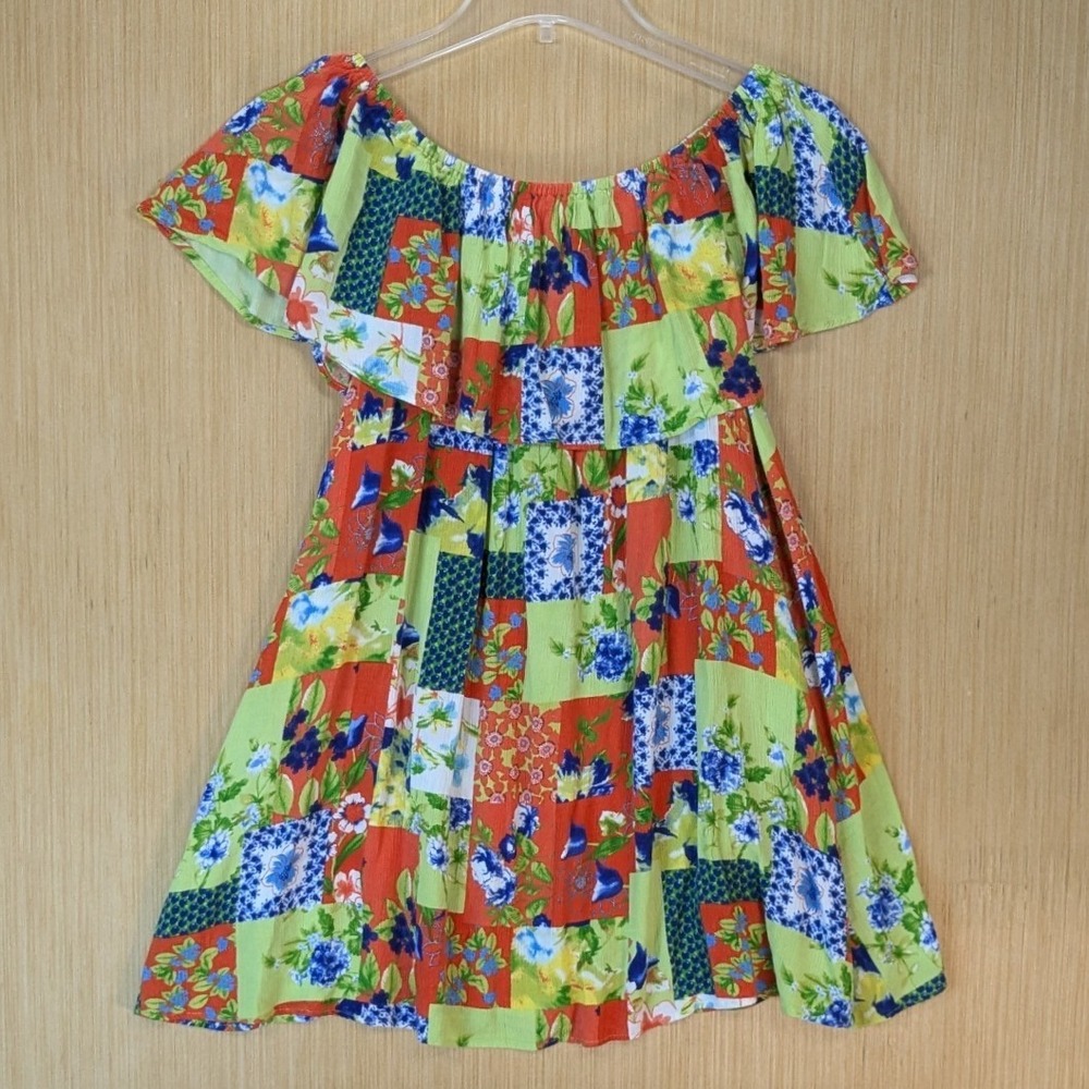 Easel Womens Floral Patchwork Off Shoulder Ruffle Mini Dress Large Boho Colorful